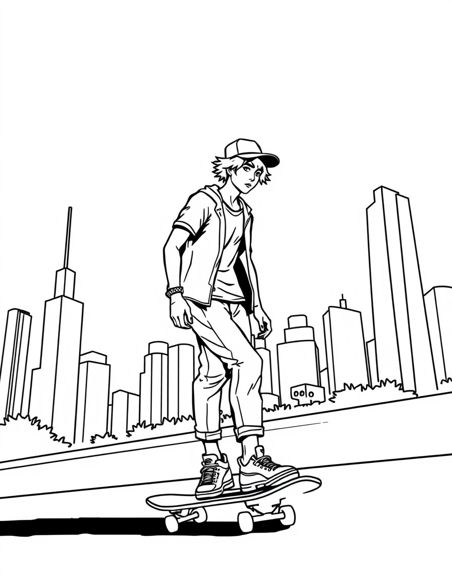 in the background skyscrapers, clear sky. In the foreground a skater on his skateboard with skater clothes with a hat on his head of transgender sex