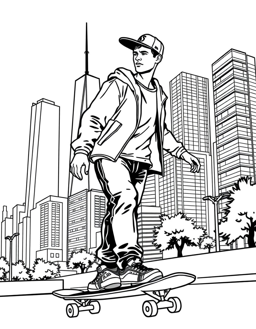 in the background skyscrapers, clear sky. In the foreground a skater on his skateboard with skater clothes with a hat on his head of transgender sex