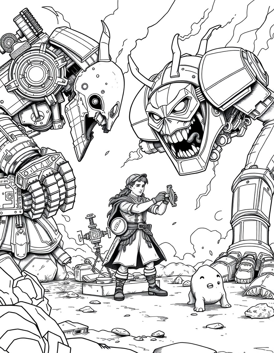 Victorian steampunk scene. In the center a tiny David in steampunk garb, Prepares to launch a Stone from his steam powered Slingshot. And angrily advancing terrifying mechanized Goliath approaches r