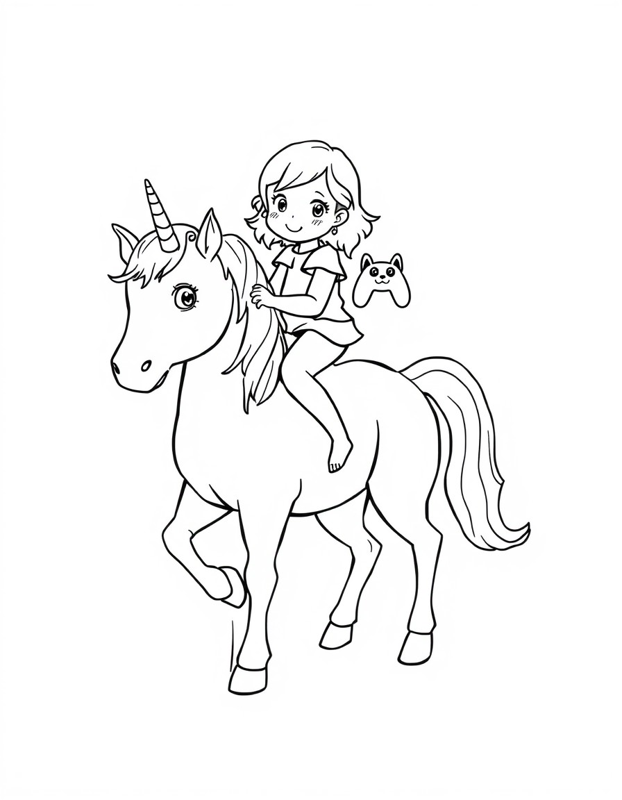 a small girl riding a unicorn holding an english bulldog