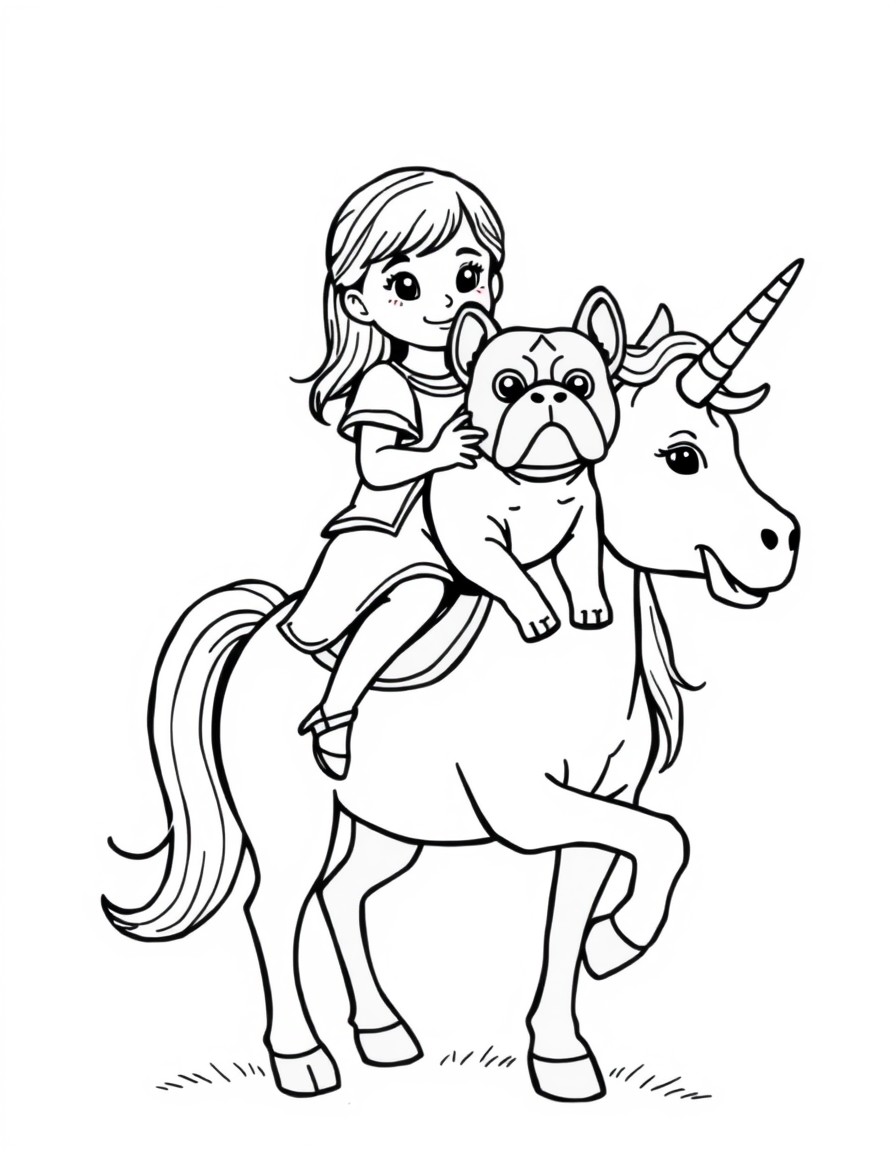 a small girl riding a unicorn holding an english bulldog