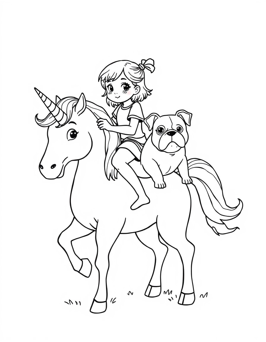 a small girl riding a unicorn holding an english bulldog