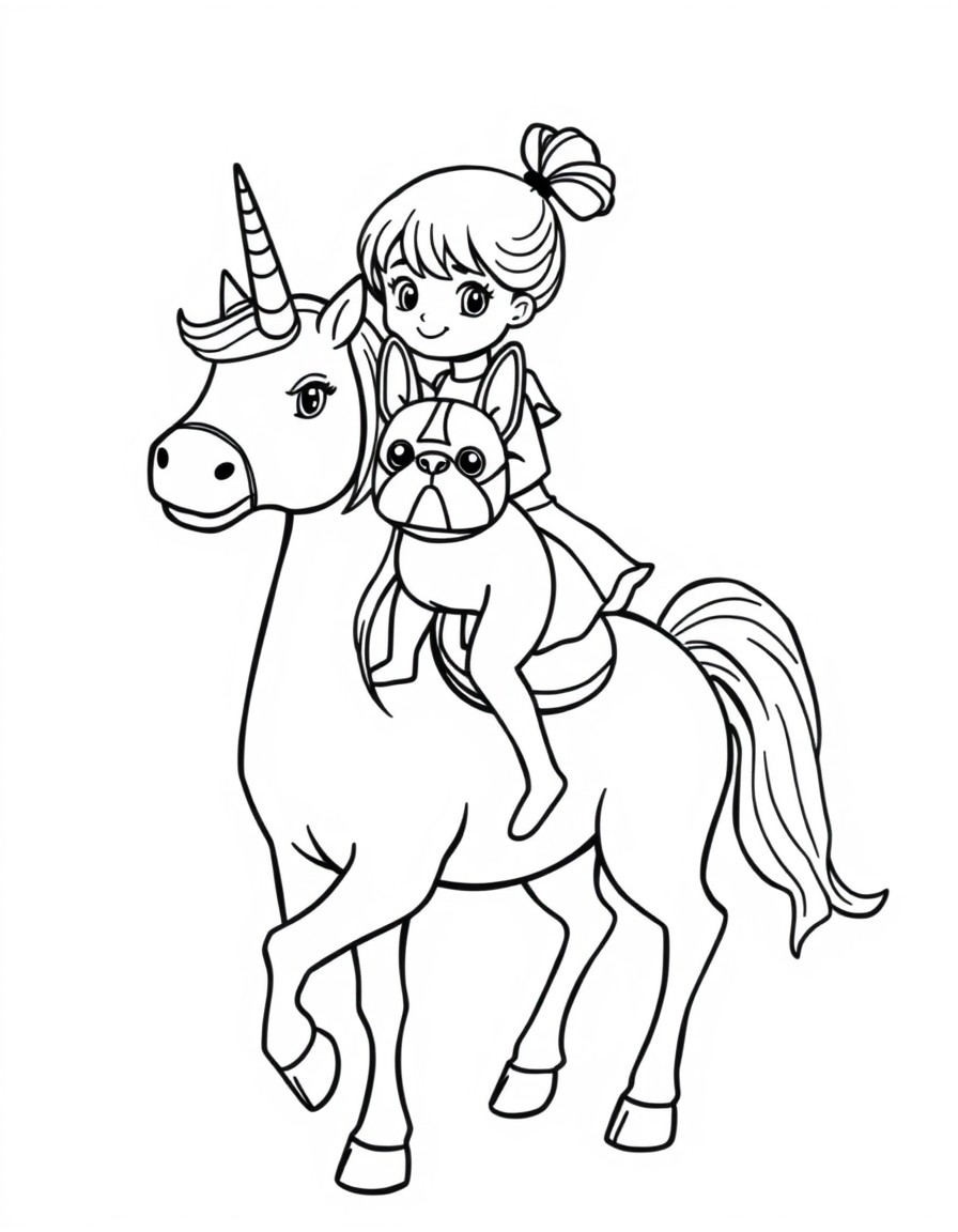 a small girl riding a unicorn holding an french bulldog