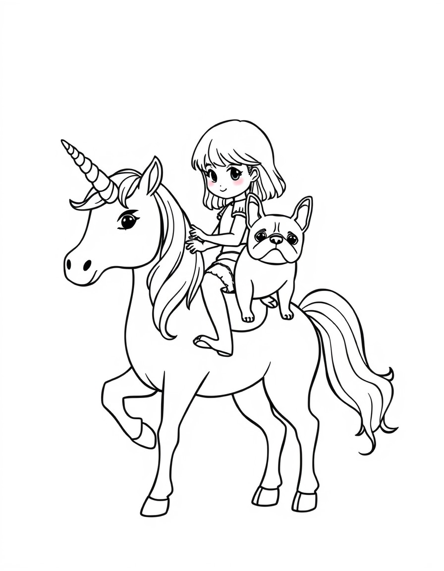 a small girl riding a unicorn holding an french bulldog