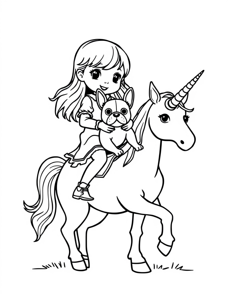 a small girl riding a unicorn holding an french bulldog