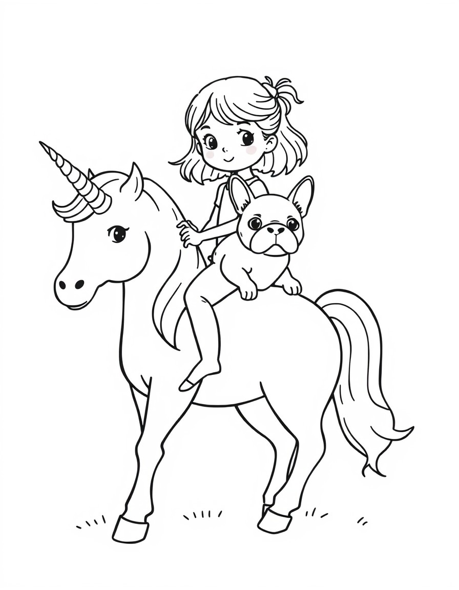 a small girl riding a unicorn holding an french bulldog