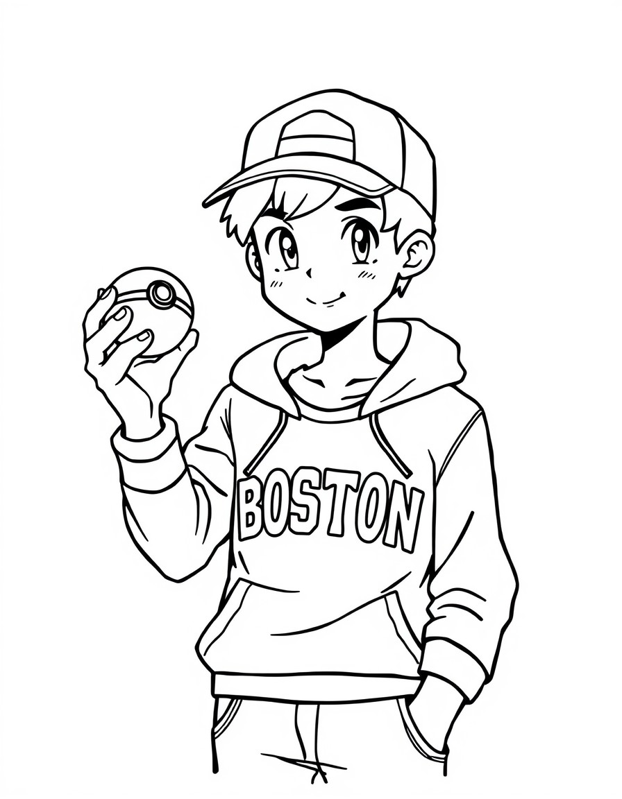 a boy wearing a backwards hat and hoodie holding a pokemon ball. The word "BOSTON" on his t shirt