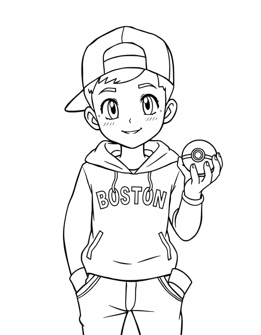 a boy wearing a backwards hat and hoodie holding a pokemon ball. The word "BOSTON" on his t shirt