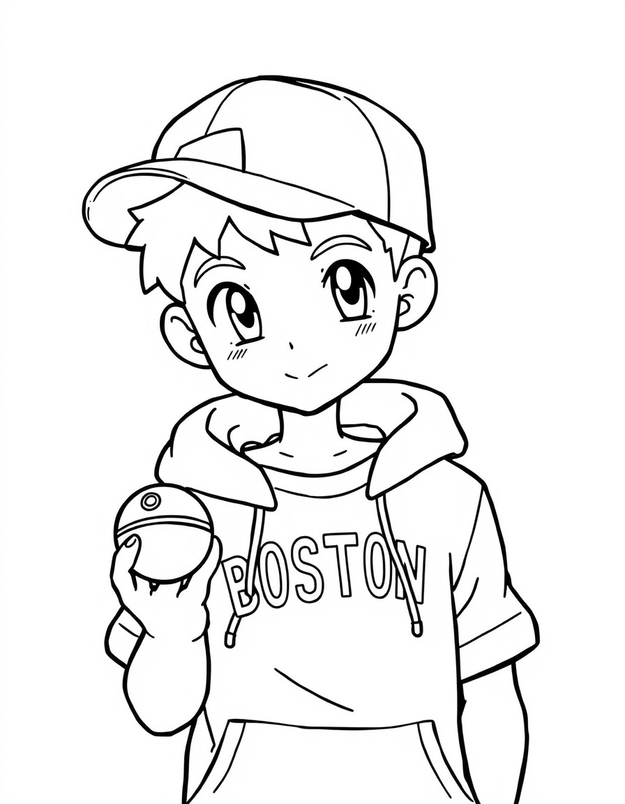 a boy wearing a backwards hat and hoodie holding a pokemon ball. The word "BOSTON" on his t shirt