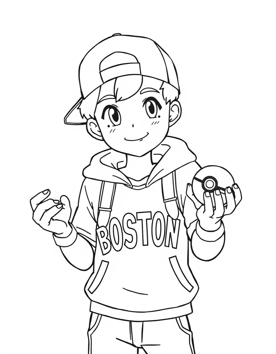 a boy wearing a backwards hat and hoodie holding a pokemon ball. The word "BOSTON" on his t shirt