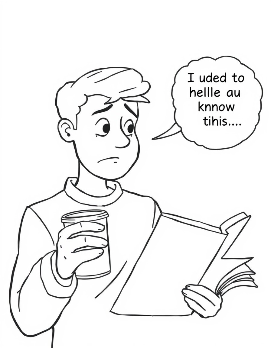 Me trying to remember how I was so smart before...  - Image Person holding a coffee cup staring at a textbook with a confused expression with a thought bubble that says I used to know this... right