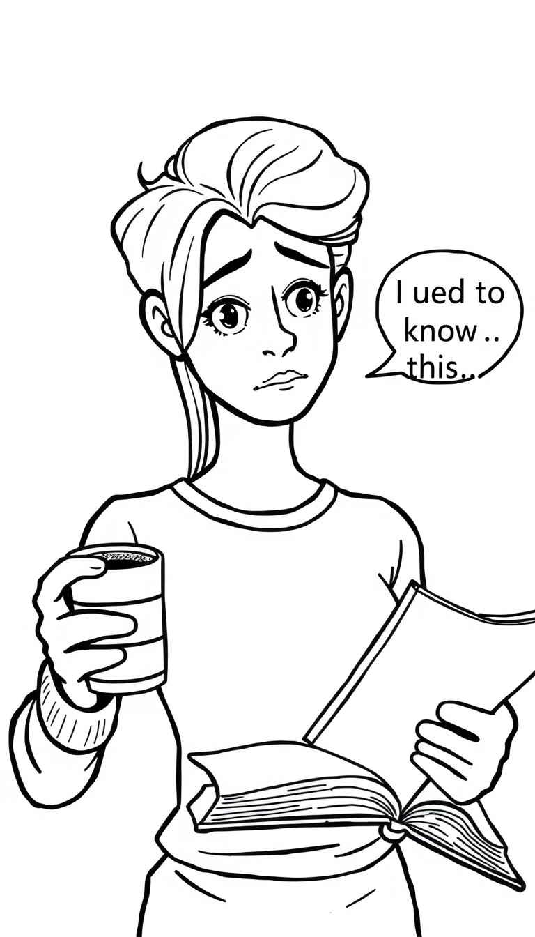 Me trying to remember how I was so smart before...  - Image Person holding a coffee cup staring at a textbook with a confused expression with a thought bubble that says I used to know this... right