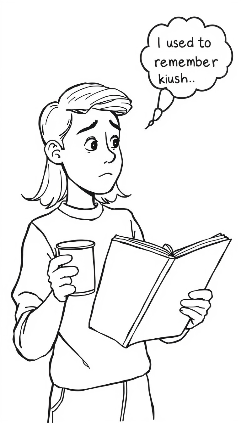 Me trying to remember how I was so smart before...  - Image Person holding a coffee cup staring at a textbook with a confused expression with a thought bubble that says I used to know this... right