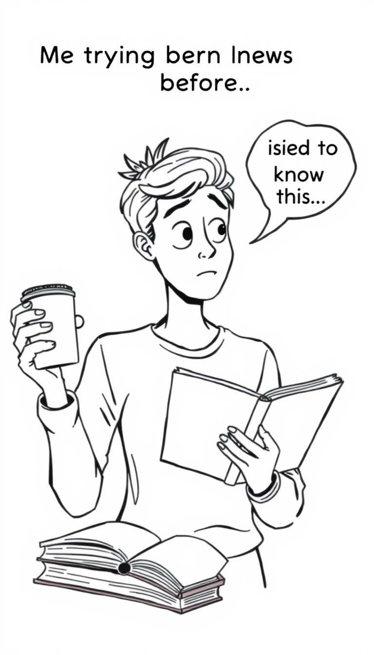 Me trying to remember how I was so smart before...  - Image Person holding a coffee cup staring at a textbook with a confused expression with a thought bubble that says I used to know this... right