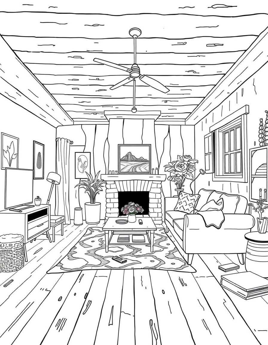 Interior design perspective image of a living room in the rustic mid century style, make it look messy and lived in