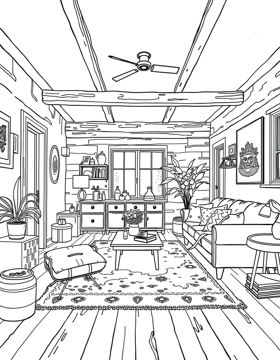 Interior design perspective image of a living room in the rustic mid century style, make it look messy and lived in