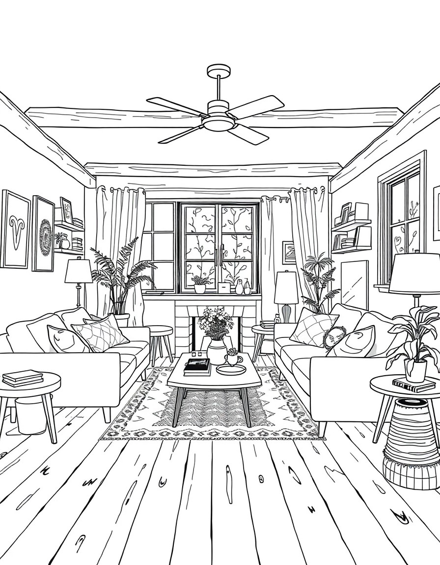 Interior design perspective image of a living room in the rustic mid century style, make it look messy and lived in