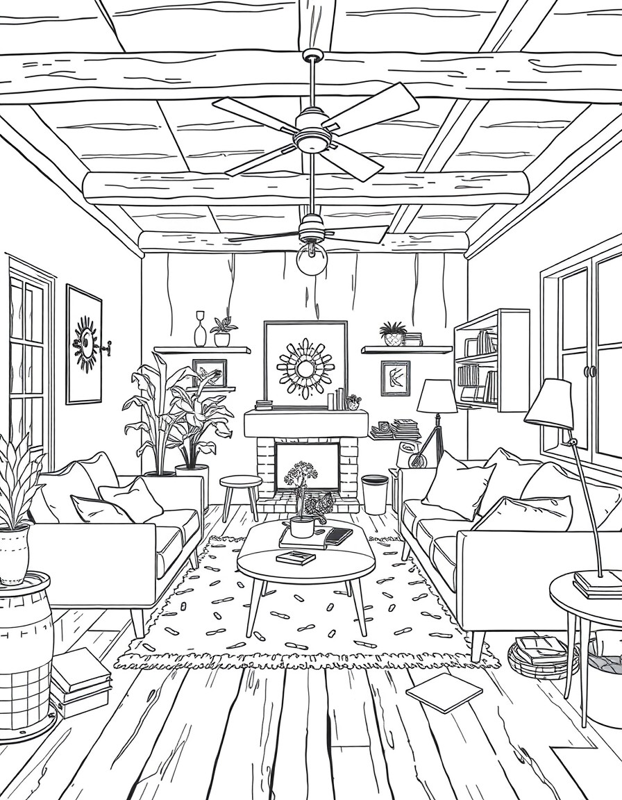Interior design perspective image of a living room in the rustic mid century style, make it look messy and lived in