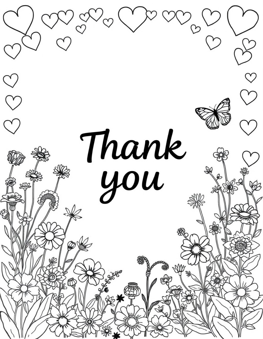 Botanical, thank you, with text Thank you Anthony Letchworth ward in the middle hearts, border, plants, flowers, butterfly, surgery,