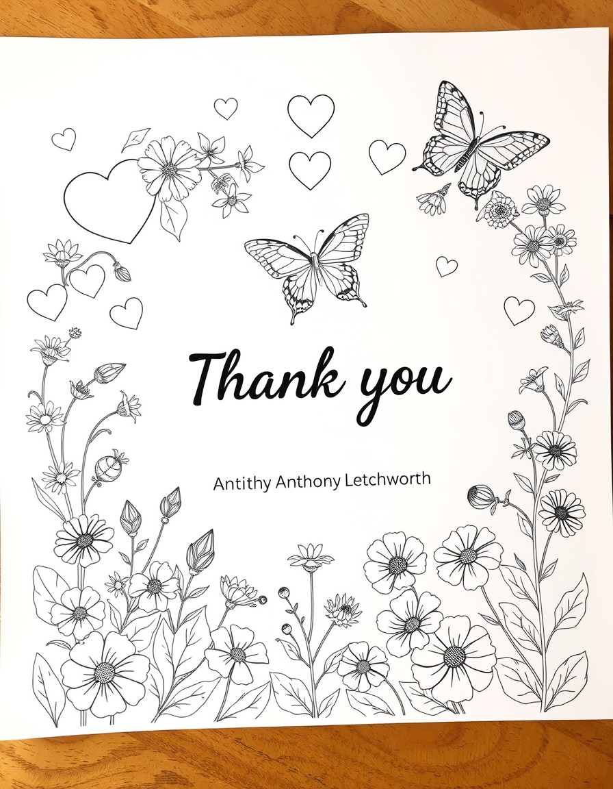 Botanical, thank you, with text Thank you Anthony Letchworth ward in the middle hearts, border, plants, flowers, butterfly, surgery,
