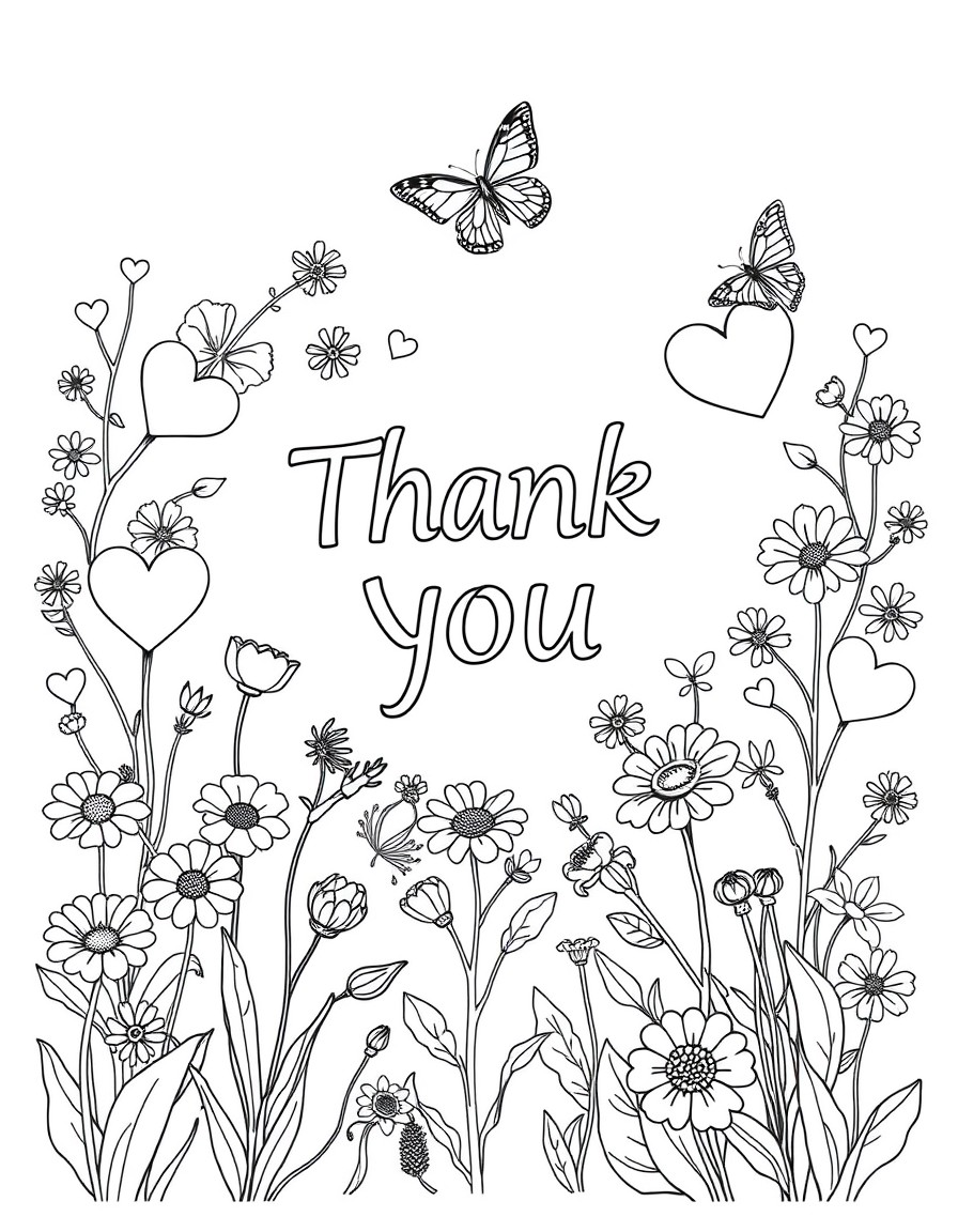 Botanical, thank you, with text Thank you Anthony Letchworth ward in the middle hearts, border, plants, flowers, butterfly, surgery,