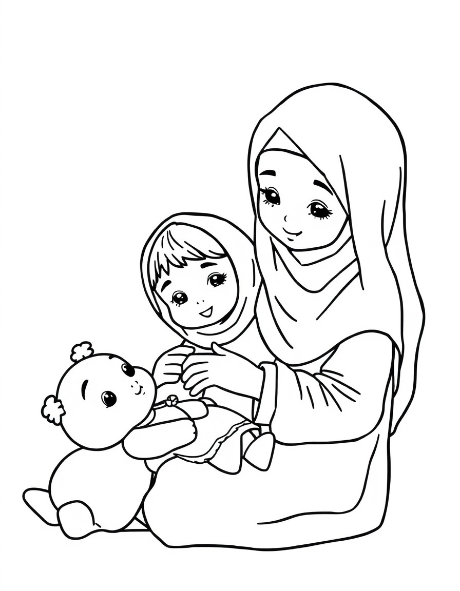 hijabi young girl plays her baby doll