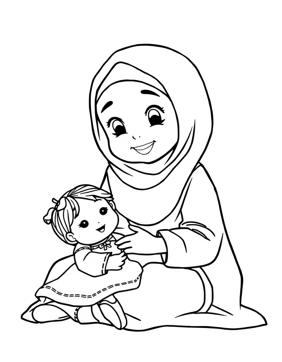 hijabi young girl plays her baby doll