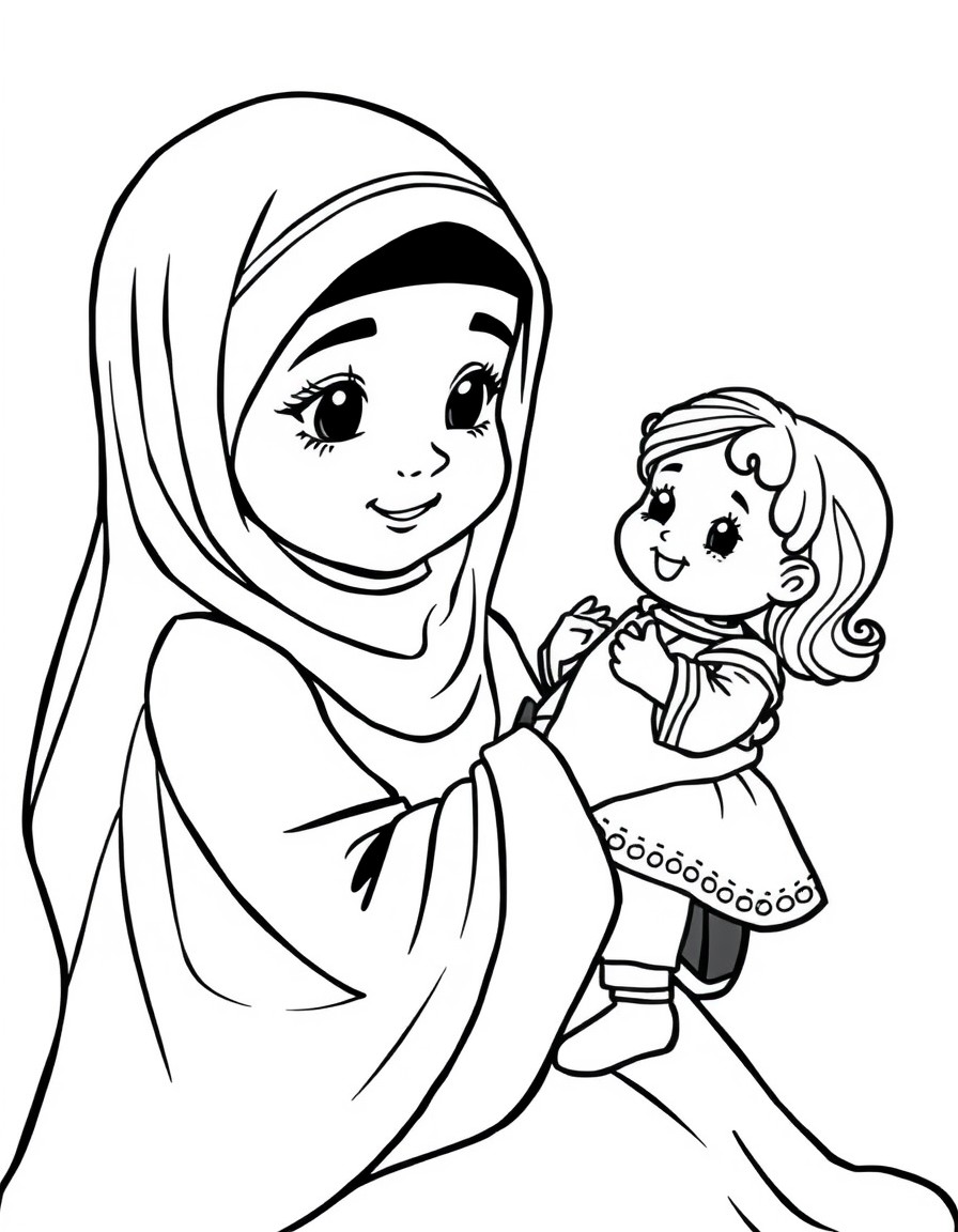 hijabi young girl plays her baby doll