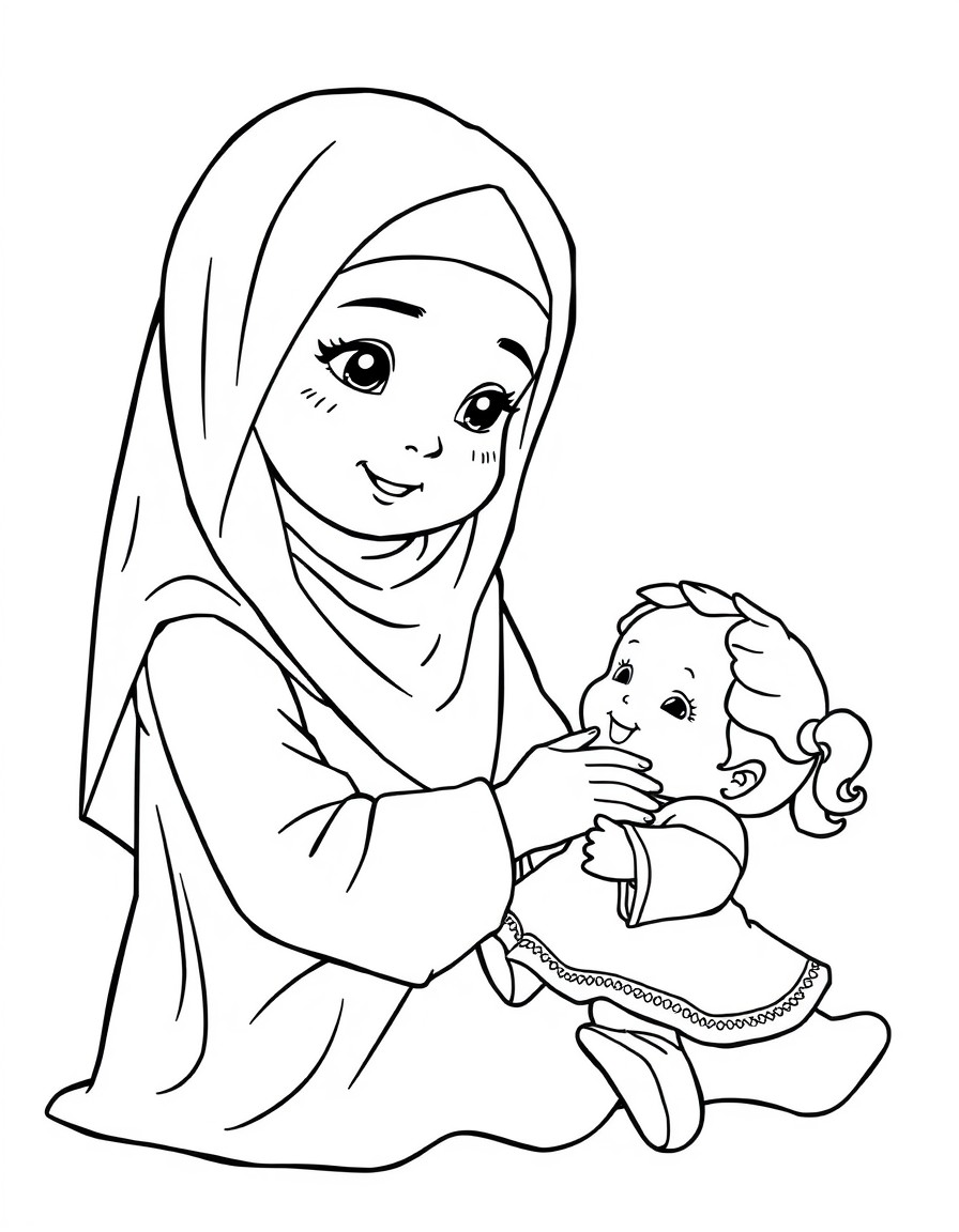 hijabi young girl plays her baby doll