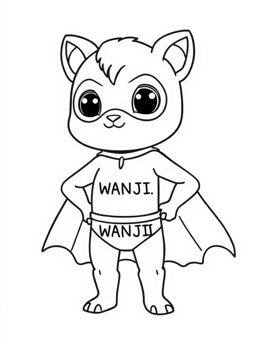 cute tiny superhere with name WANJII on his chest