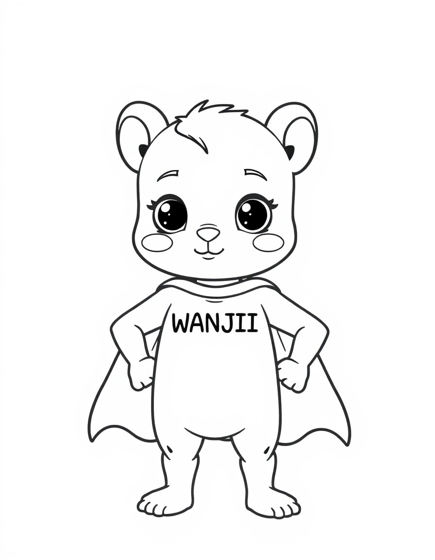 cute tiny superhere with name WANJII on his chest