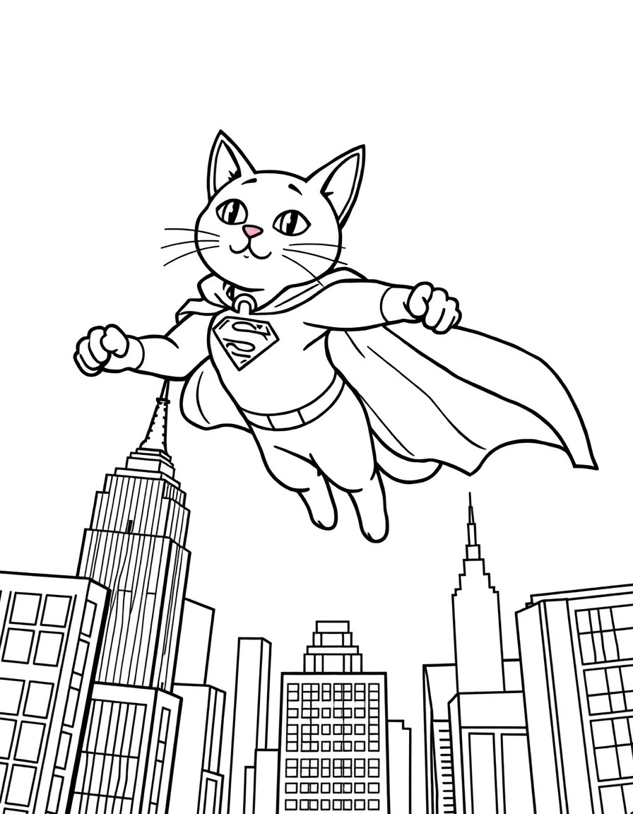 A superhero cat flying above skyscrapers with a cape that displays 'ewing'