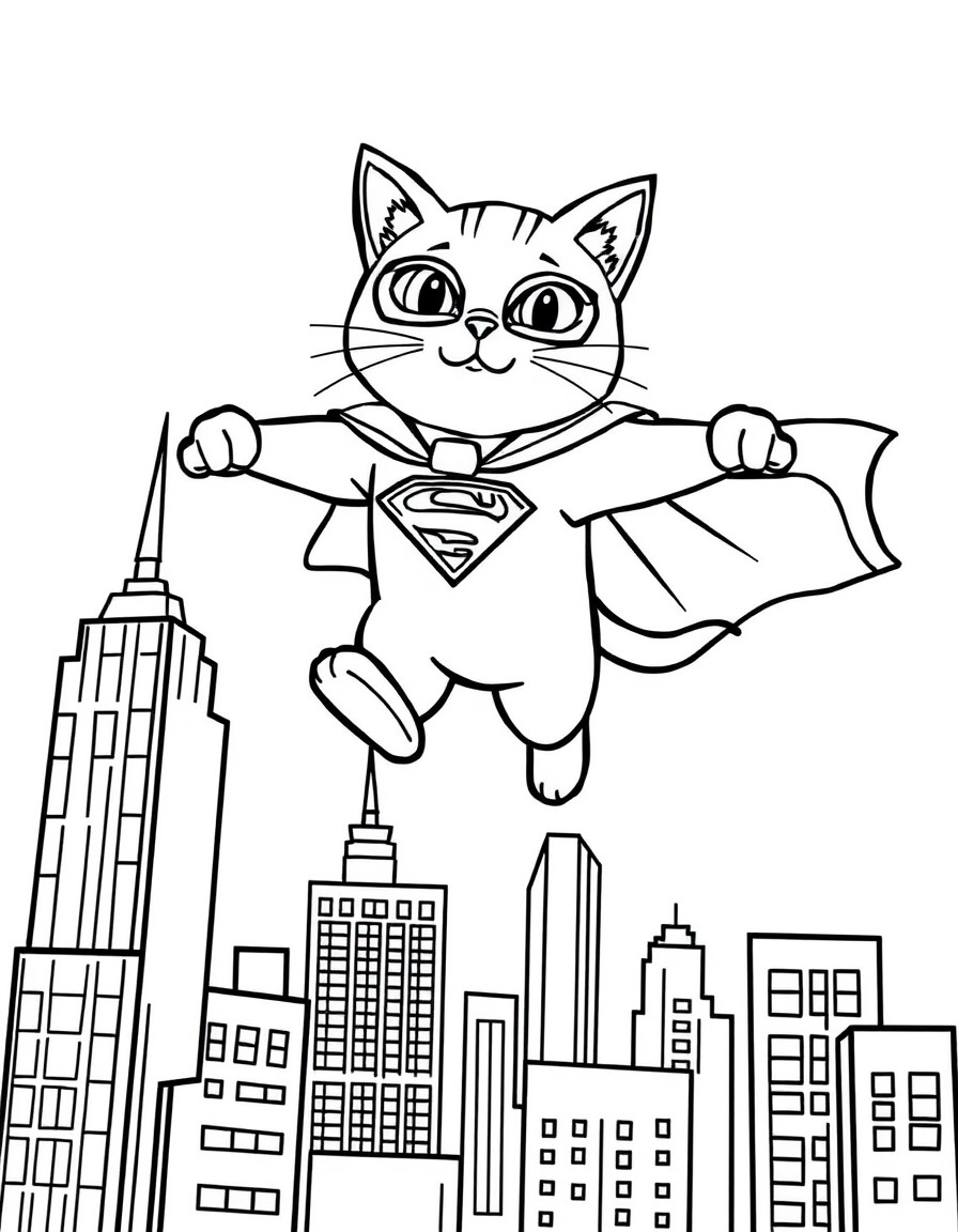 A superhero cat flying above skyscrapers with a cape that displays 'ewing'