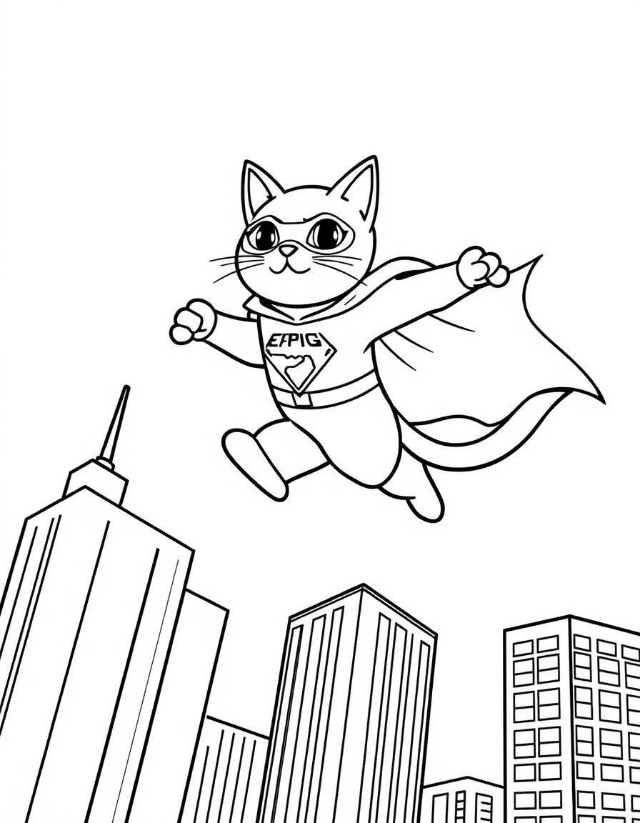 A superhero cat flying above skyscrapers with a cape that displays 'ewing'