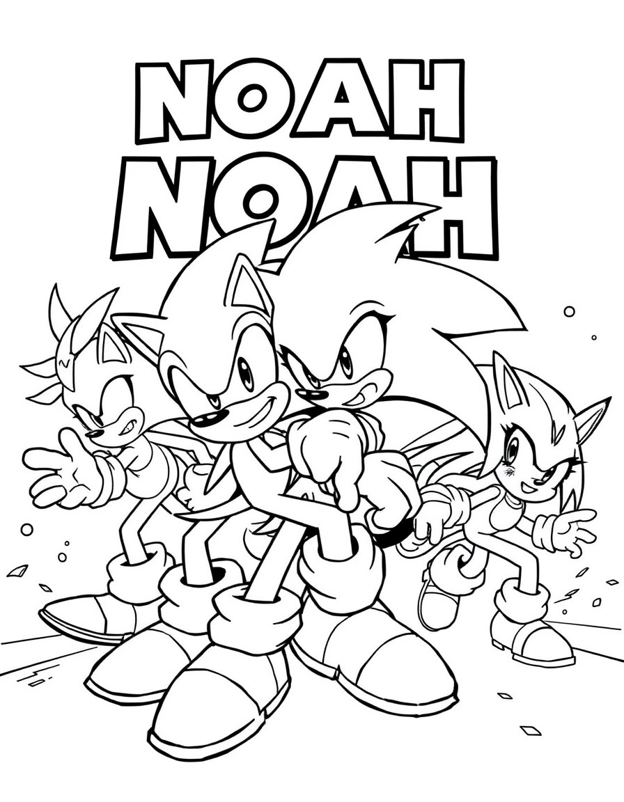 sonic and his friends fighting eggman. Put the name NOAH and ELIA on the background