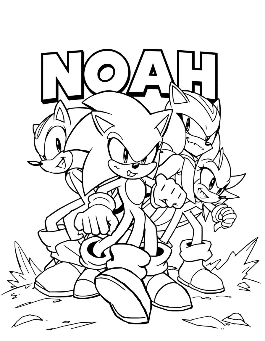 sonic and his friends fighting eggman. Put the name NOAH and ELIA on the background