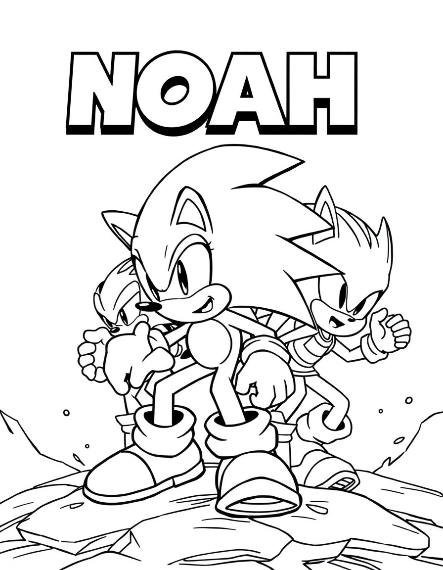 sonic and his friends fighting eggman. Put the name NOAH and ELIA on the background