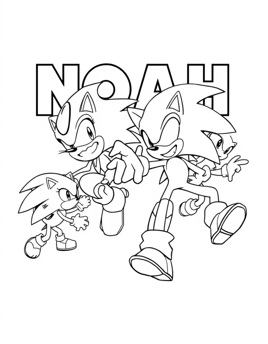 sonic and his friends fighting eggman. Put the name NOAH and ELIA on the background