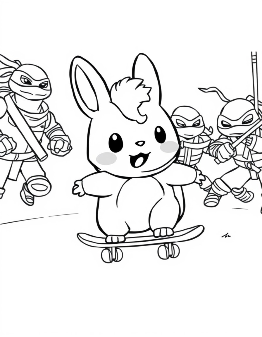 Cinnamoroll and the ninja turtles skateboarding and ready for battle