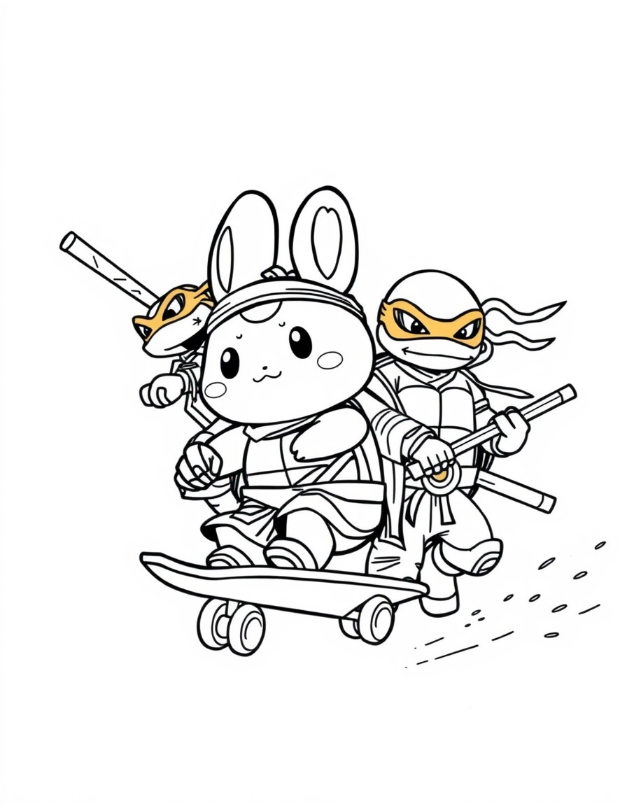 Cinnamoroll and the ninja turtles skateboarding and ready for battle