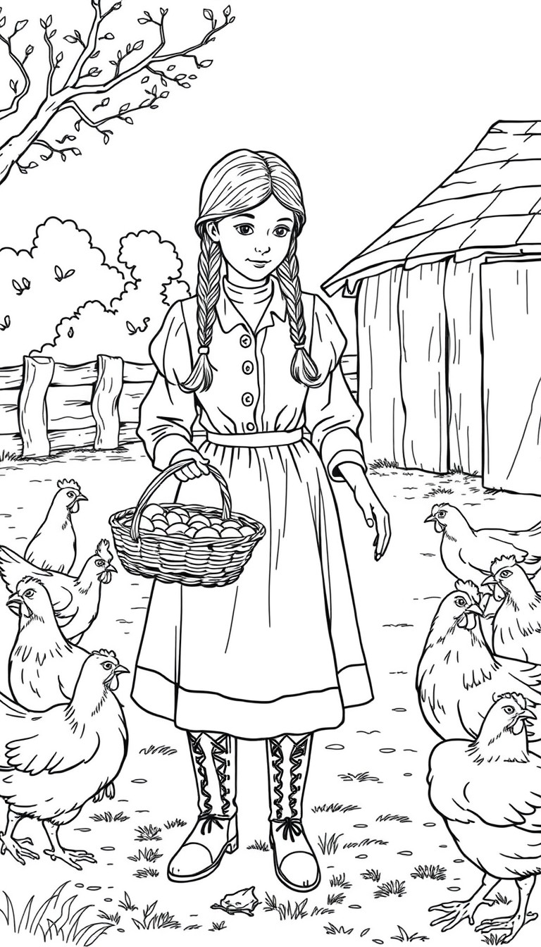 Scene is 1800s barnyard. A 16-year-old young woman is feeding chickens. Her pretty blonde hair is swept back in braids. She is wearing 1800s period clothing and lace up boots. She holds a basket of se