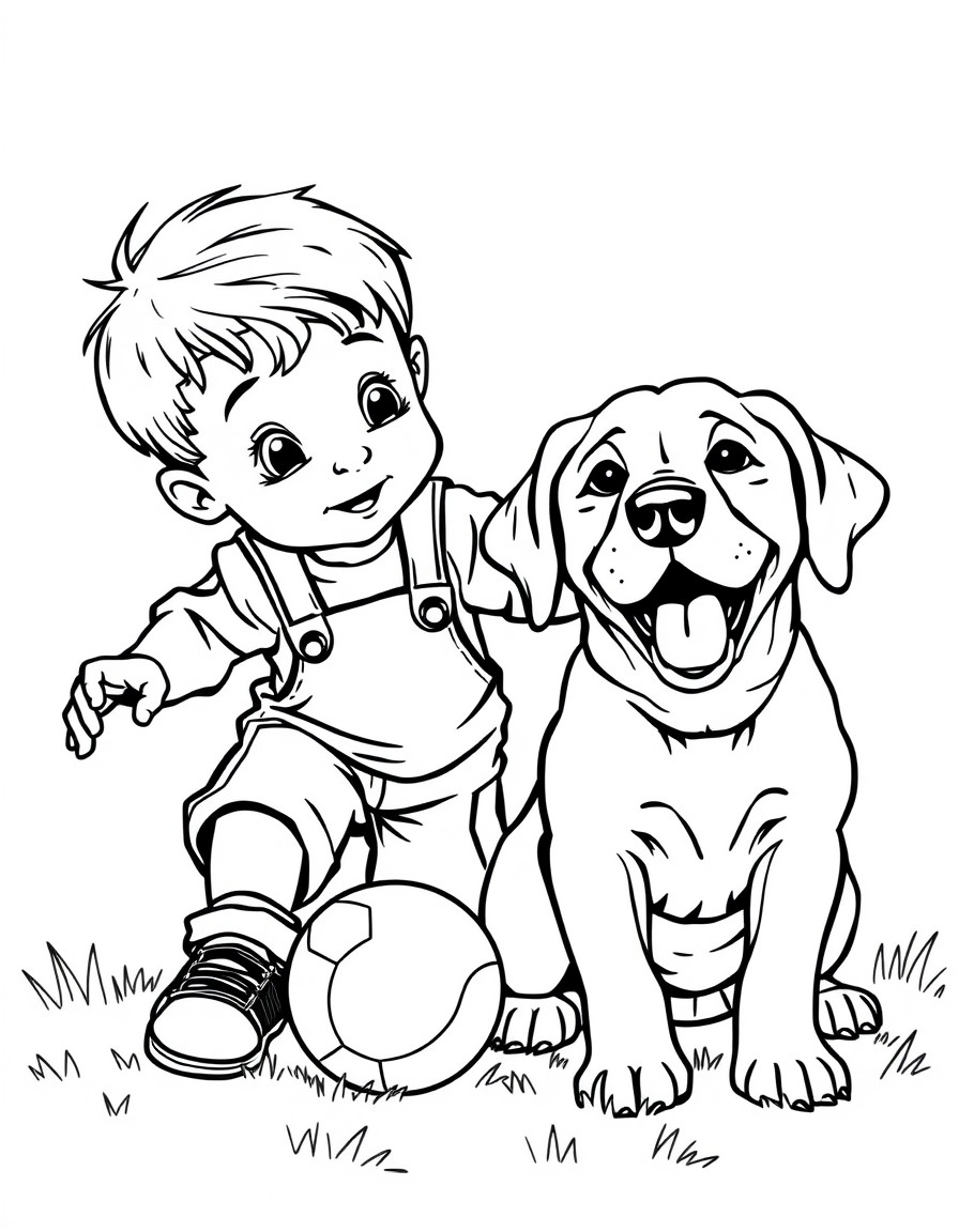 Cute little boy playing ball with cute Labrador dog