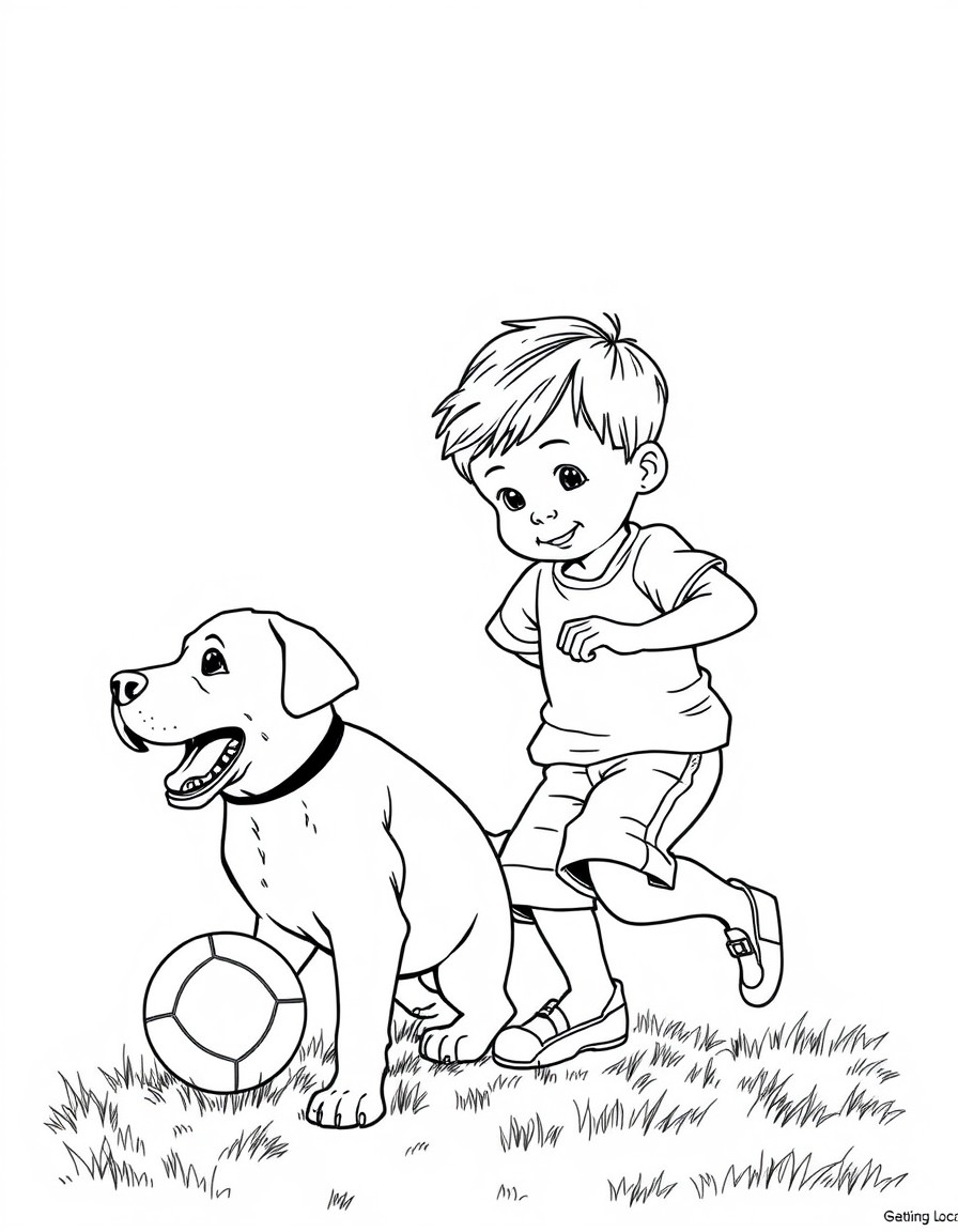 Cute little boy playing ball with cute Labrador dog