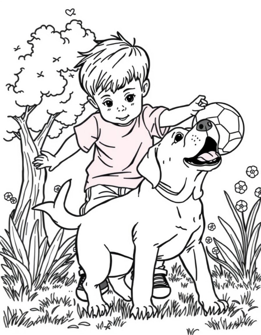 Cute little boy playing ball with cute Labrador dog