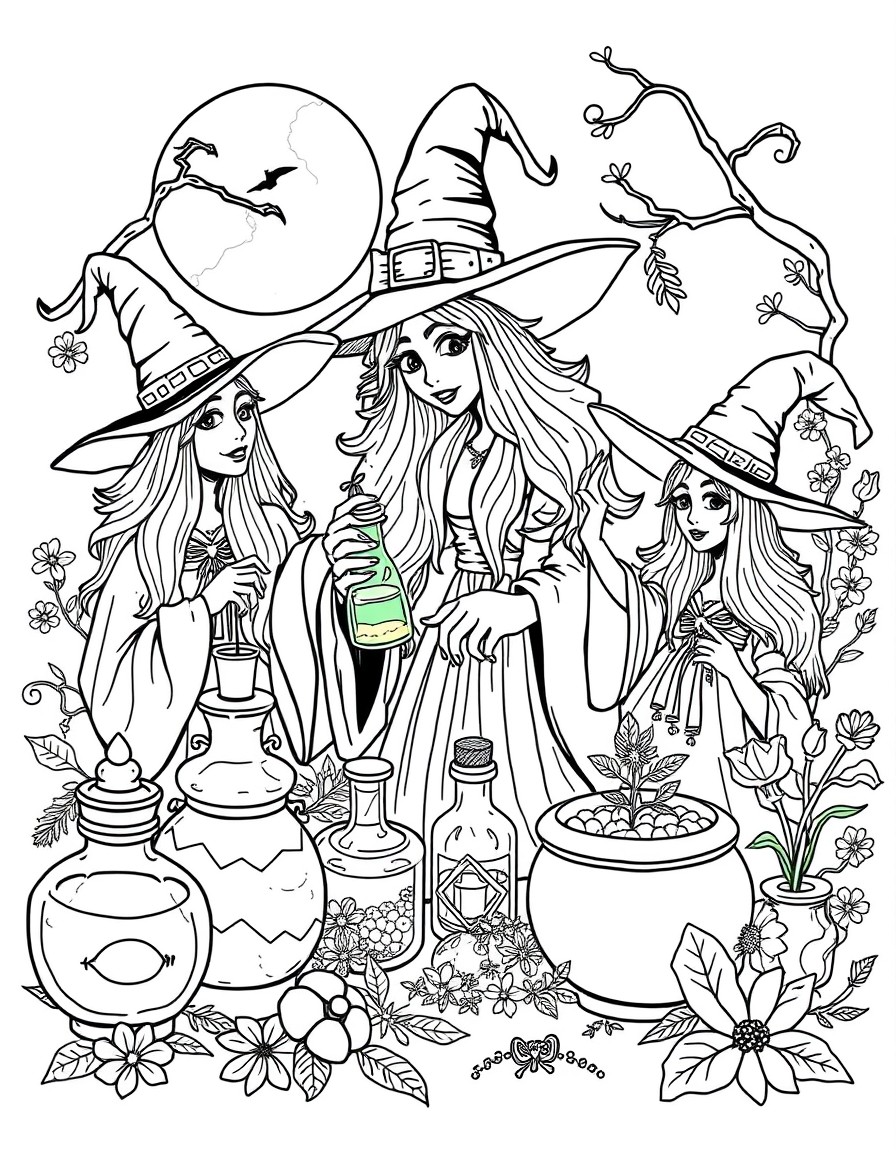 potion-making with detailed scenes of witches preparing brews under the moonlight, magical herbs and ingredients, and enchanted glass bottles filled with glowing liquids. Include pages showing differe