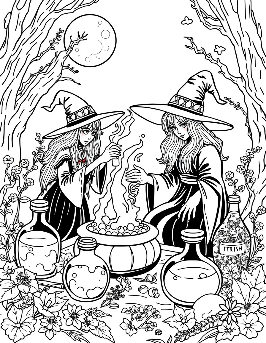 potion-making with detailed scenes of witches preparing brews under the moonlight, magical herbs and ingredients, and enchanted glass bottles filled with glowing liquids. Include pages showing differe