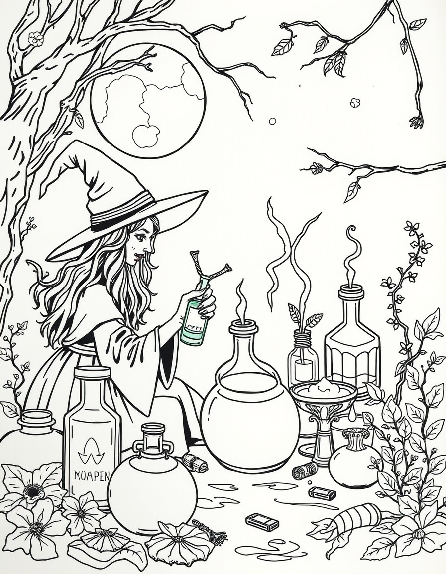 potion-making with detailed scenes of witches preparing brews under the moonlight, magical herbs and ingredients, and enchanted glass bottles filled with glowing liquids. Include pages showing differe