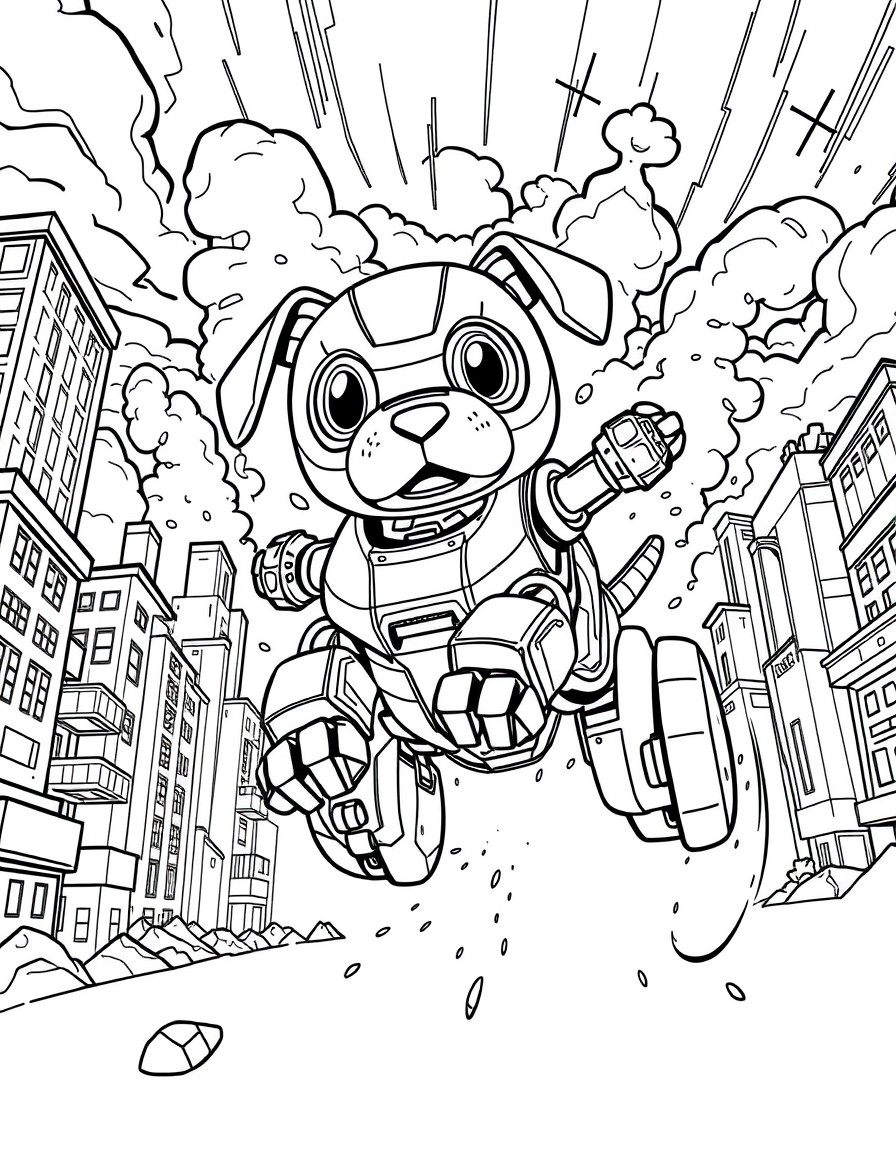 strong puppy robot flying in a exploding city background