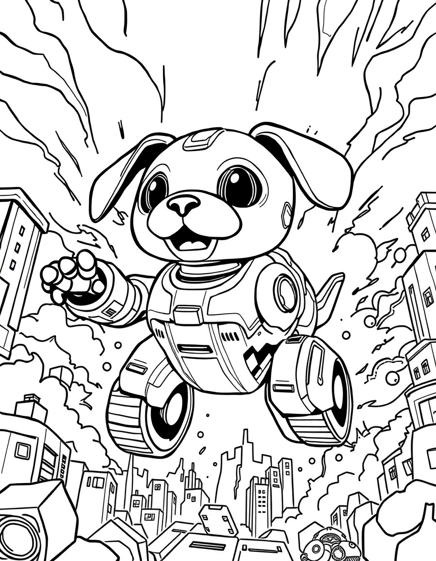 strong puppy robot flying in a exploding city background