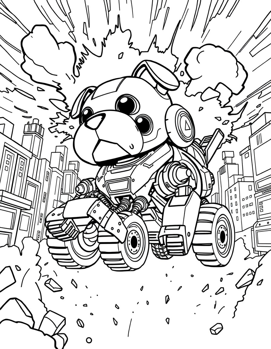 strong puppy robot flying in a exploding city background